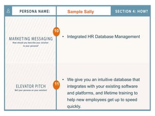 Sample Sally
• Integrated HR Database Management
• We give you an intuitive database that
integrates with your existing software
and platforms, and lifetime training to
help new employees get up to speed
quickly.
10
11
 