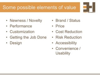 Some possible elements of value
• Newness / Novelty
• Performance
• Customization
• Getting the Job Done
• Design
• Brand / Status
• Price
• Cost Reduction
• Risk Reduction
• Accessibility
• Convenience /
Usability
 