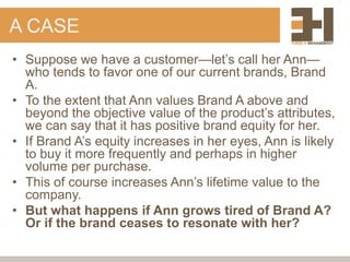 A CASE
• Suppose we have a customer—let’s call her Ann—
who tends to favor one of our current brands, Brand
A.
• To the extent that Ann values Brand A above and
beyond the objective value of the product’s attributes,
we can say that it has positive brand equity for her.
• If Brand A’s equity increases in her eyes, Ann is likely
to buy it more frequently and perhaps in higher
volume per purchase.
• This of course increases Ann’s lifetime value to the
company.
• But what happens if Ann grows tired of Brand A?
Or if the brand ceases to resonate with her?
 