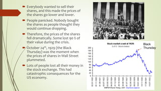 Everybody wanted to sell their
shares, and this made the prices of
the shares go lower and lower.
 People panicked. Nobody bought
the shares as people thought they
would continue dropping.
 Therefore, the prices of the shares
fell dramatically. Some lost 90 % of
their value during the crisis.
 October 24th, 1929 (the Black
Thursday) was the moment when
the prices of shares in Wall Street
plummeted.
 Lots of people lost all their money in
the stock exchange. This had
catastrophic consequences for the
US economy.
Black
Thursday
 