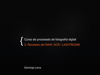 {Curso de procesado de fotografía digital
2. Revelado del RAW: ACR / LIGHTROOM
Domingo Leiva
 