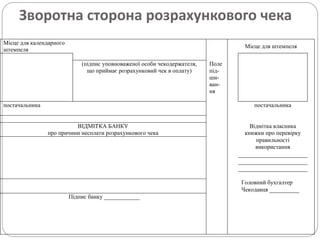 Зворотна сторона розрахункового чека
Місце для календарного
штемпеля
Місце для штемпеля
(підпис уповноваженої особи чекодержателя,
що приймає розрахунковий чек в оплату)
Поле
під-
ши-
ван-
ня
постачальника постачальника
ВІДМІТКА БАНКУ
про причини несплати розрахункового чека
Відмітка власника
книжки про перевірку
правильності
використання
Головний бухгалтер
Чекодавця __________
Підпис банку ____________
 