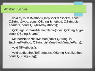 Abstract Server
void tryToCallMethod(QTcpSocket *socket, const
QString &type, const QString &method, QStringList
headers, const QByteArray &body);
QStringList makeMethodName(const QString &type,
const QString &name);
MethodNode *findMethod(const QStringList
&splittedMethod, QStringList &methodVariableParts);
void fillMethods();
void addMethodToTree(const QString &realMethod,
const QString &tag);
 