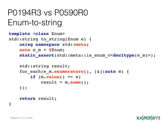 P0194R3 vs P0590R0
Enum-to-string
Reﬂection in C++Next
template <class Enum>
std::string to_string(Enum e) {
using namespace std::meta;
auto e_m = $Enum;
static_assert(std::meta::is_enum_v<decltype(e_m)>);
std::string result;
for_each(e_m.enumerators(), [&](auto m) {
if (m.value() == e)
result = m.name();
});
return result;
}
 