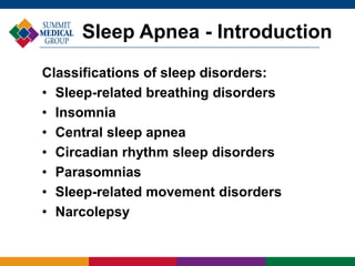 Classifications of sleep disorders:
• Sleep-related breathing disorders
• Insomnia
• Central sleep apnea
• Circadian rhythm sleep disorders
• Parasomnias
• Sleep-related movement disorders
• Narcolepsy
Sleep Apnea - Introduction
 