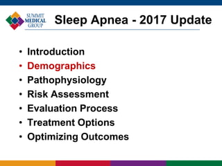 • Introduction
• Demographics
• Pathophysiology
• Risk Assessment
• Evaluation Process
• Treatment Options
• Optimizing Outcomes
Sleep Apnea - 2017 Update
 