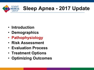 • Introduction
• Demographics
• Pathophysiology
• Risk Assessment
• Evaluation Process
• Treatment Options
• Optimizing Outcomes
Sleep Apnea - 2017 Update
 