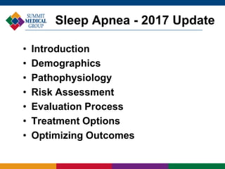 Sleep Apnea - 2017 Update
• Introduction
• Demographics
• Pathophysiology
• Risk Assessment
• Evaluation Process
• Treatment Options
• Optimizing Outcomes
 