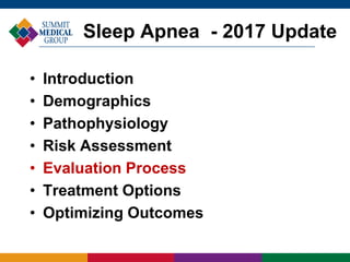 • Introduction
• Demographics
• Pathophysiology
• Risk Assessment
• Evaluation Process
• Treatment Options
• Optimizing Outcomes
Sleep Apnea - 2017 Update
 