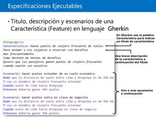 Especificaciones Ejecutables
• Titulo, descripción y escenarios de una
Característica (Feature) en lenguaje Gherkin
En Gherkin use la palabra
Característica para indicar
un titulo de característica
Una breve descripción
de la característica a
continuación del titulo
Uno o mas escenarios
a continuación
 