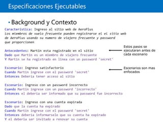 Especificaciones Ejecutables
• Background y Contexto
Estos pasos se
ejecutaran antes de
cada escenario
Escenarios son mas
enfocados
 