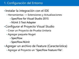 1. Configuración del Entorno
• Instalar la integración con el IDE
• Herramientas -> Extensiones y Actualizaciones
• SpecFlow for Visual Studio 2015
• NUnit 3 Test Adapter
• Configurar el Proyecto Visual Studio
• Crear un Proyecto de Prueba Unitaria
• Agregar paquete Nuget
• SpecFlow
• SpecFlow.NUnit
• Agregar un archivo de Feature (Característica)
• Agregar al Proyecto un “SpecFlow Feature File”.
 