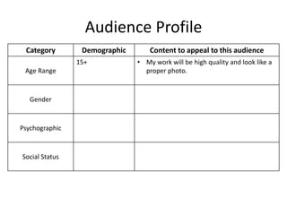 Audience Profile
Category Demographic Content to appeal to this audience
Age Range
15+ • My work will be high quality and look like a
proper photo.
Gender
Psychographic
Social Status
 