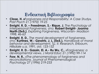 Ενδεικτική ΒιβλιογραφίαΕνδεικτική Βιβλιογραφία
• Close, H. «Forgiveness and Responsibility: A Case Study»,
Past Psych 21 (1970) 19-25
• Enright, R. D. – Freedman, S.- Rique, J. The Psychology of
Interpersonal Forgiveness, στο: Robert Enright- Joanna
North (Εκδ.), Exploring Forgiveness, Wisconsin- Madison
1998, 46-63
• Enright, R. D., The moral development of forgiveness,
στο: Kurtines, W.- Gewirtz, J. L. (Εκδ.), Handbook of moral
behavior and development, Τμ. II: Research, Erlbaum,
Hillsdale u.a. 1991, σσ. 123-152
• Enright, R. D.- Gassin, El. A.- Ru Wu, C., «Forgiveness: a
developmental view», J Moral Educ 21 (1992) 99-114
• Fow, N. R., «The phenomenology of forgiveness and
reconciliation», Journal of Phenomenological
Psychology 27 (1996) 219-233
 