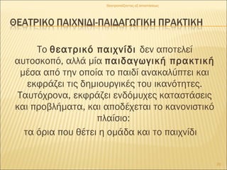 Το θεατρικό παιχνίδι δεν αποτελεί
αυτοσκοπό, αλλά μία παιδαγωγική πρακτική
μέσα από την οποία το παιδί ανακαλύπτει και
εκφράζει τις δημιουργικές του ικανότητες.
Ταυτόχρονα, εκφράζει ενδόμυχες καταστάσεις
και προβλήματα, και αποδέχεται το κανονιστικό
πλαίσιο:
τα όρια που θέτει η ομάδα και το παιχνίδι
20
Θεατροπαίζοντας εξ αποστάσεως
 