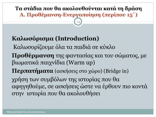 Τα στάδια που θα ακολουθούνται κατά τη δράση
Α. Προθέμανση-Ενεργοποίηση (περίπου 15΄)
Καλωσόρισμα (Introduction)
Καλωσορίζουμε όλα τα παιδιά σε κύκλο
Προθέρμανση της φαντασίας και του σώματος, με
βιωματικά παιχνίδια (Warm up)
Περπατήματα (ασκήσεις στο χώρο) (Bridge in)
χρήση των συμβόλων της ιστορίας που θα
αφηγηθούμε, σε ασκήσεις ώστε να έρθουν πιο κοντά
στην ιστορία που θα ακολουθήσει
Θεατροπαίζοντας εξ αποστάσεως
14
 