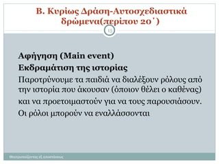 Β. Κυρίως Δράση-Αυτοσχεδιαστικά
δρώμενα(περίπου 20΄)
Αφήγηση (Main event)
Εκδραμάτιση της ιστορίας
Παροτρύνουμε τα παιδιά να διαλέξουν ρόλους από
την ιστορία που άκουσαν (όποιον θέλει ο καθένας)
και να προετοιμαστούν για να τους παρουσιάσουν.
Οι ρόλοι μπορούν να εναλλάσσονται
Θεατροπαίζοντας εξ αποστάσεως
15
 