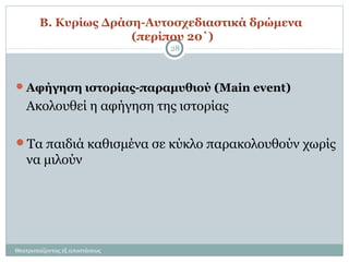 Β. Κυρίως Δράση-Αυτοσχεδιαστικά δρώμενα
(περίπου 20΄)
Θεατροπαίζοντας εξ αποστάσεως
28
Αφήγηση ιστορίας-παραμυθιού (Main event)
Ακολουθεί η αφήγηση της ιστορίας
Τα παιδιά καθισμένα σε κύκλο παρακολουθούν χωρίς
να μιλούν
 