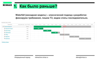 1. Как было раньше?
interactive.nimax.ru elena@nimax.ru
Waterfall (каскадная модель) – классический подход к разработке:
фиксируем требования, пишем ТЗ, ведем этапы последовательно.
Итерационный подход strategy.nimax.ru
 