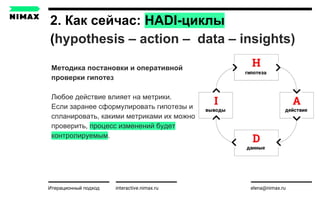 2. Как сейчас: HADI-циклы
(hypothesis – action – data – insights)
interactive.nimax.ru elena@nimax.ruИтерационный подход strategy.nimax.ru
Методика постановки и оперативной
проверки гипотез
Любое действие влияет на метрики.
Если заранее сформулировать гипотезы и
спланировать, какими метриками их можно
проверить, процесс изменений будет
контролируемым.
 