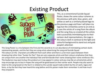 Existing Product
This, as a conventional Suicide Squad
Poster, shows the same colour scheme as
the previous with pink, blue, green, and
yellow as well as a similarly placed logo to
the previous page and how I will place my
logo but the similarities come to an end as
it uses the artists of a song from the album
and the song they co-created all the artists
look successfully intimidating due to their
cartoon skull representations, the Logo is
the colours dark in contrast to the light and
colourful background to stand out and grab
people’s attention
This Song Poster is a mix between the First and the second as it is an abundance of intimidating cartoon skulls
representing people, and the fact they are song artists advertising the song and Suicide Squad
The colours on the characters are different from each other and there is a lot more space between them
showing that other than “Sucker for Pain” they are very separate artists and their colours emphasise that they
are unique from one another the Individual Text and font beside their name showing their name reinforces this.
The Audience may want to buy this product as it may appeal in colour and you may like an artist/artists which
may encourage you to buy in hopes the song will be good based on their earlier work. People may also want to
listen to the song based on the fact it is related to the suicide squad made evident by the art work, logos and
fonts, or by the fact they have heard the song before and this poster made them remember it and how much
they enjoyed it.
 