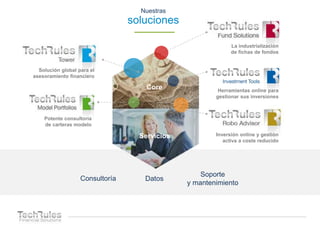 Servicios
Consultoría
Soporte
y mantenimiento
Datos
Core
Nuestras
soluciones
Solución global para el
asesoramiento financiero
Potente consultoría
de carteras modelo
La industrialización
de fichas de fondos
Herramientas online para
gestionar sus inversiones
Inversión online y gestión
activa a coste reducido
 