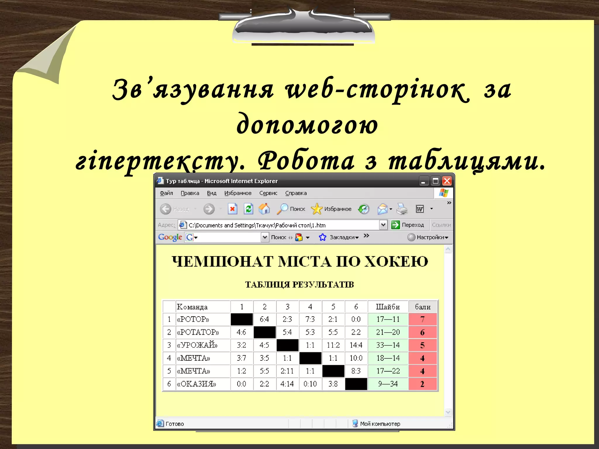 Зв’язування web-сторінок за
допомогою
гіпертексту. Робота з таблицями.
 