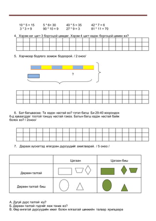 10 * 5 = 15 5 * 6= 30 40 * 5 = 35 42 * 7 = 6
3 * 3 = 9 90 * 10 = 9 27 * 9 = 3 81 * 11 = 70
4. Хэрэм нэг цагт 3 боргоцой цөмдөг. Хэрэм 4 цагт хэдэн боргоцой цөмөх вэ?
5. Хэрчмээр бодлого зохиож бодоорой. / 2 оноо/
?
6. Бат багшаасаа: Та хэдэн настай вэ? гэтэл багш: Би 29-40 хоорондох
6-д хуваагддаг тоотой тэнцүү настай гэжээ. Батын багш хэдэн настай байж
болох вэ? / 2оноо/
7. Дараах хүснэгтэд өгөгдсөн дүрсүүдийг ажиглаарай. / 5 оноо /
А. Дугуй дүрс талтай юу?
Б. Дөрвөн талтай гэдгийг яаж таних вэ?
В. Өөр өнгөтэй дүрсүүдийн ижил болон ялгаатай шинжийн талаар ярилцаара
Цагаан Цагаан биш
Дөрвөн талтай
Дөрвөн талтай биш
 