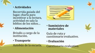 • Actividades
Recorrida guiada del
lugar, charla para
incentivar a la lectura,
actividad en sala la
biblios de los niños…
• Alimentación
Brindis a cargo de la
institución.
• Transporte
Autobús de la escuela.
• Suministro de
materiales
Guía de ruta y
cuestionario evaluativo.
• Evaluación
Cuestionario evaluativo.
.
 