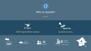 100% Digital Robo-advisor Guided Journey
Fintech
Who Is Gambit?
Founded in
2007
6
have chosen our advisory algorithms
Financial
institutions50
employees
4
Countries
Academic
background
 