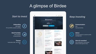 Advice
Proposals based on customer profile
and objectives
Alerts & newsfeed
Push notifications: Personalized
advices and/or general news
Multi-Portfolio
Multi-portfolio
Virtual portfolios
Onboarding
100% Digital
KYC and MifiD compliant profiling
Themes
Sustainable, SME, real-estate,
etc.
Communication
Chat
Track user activity
A glimpse of Birdee
Start to invest Keep Investing
 
