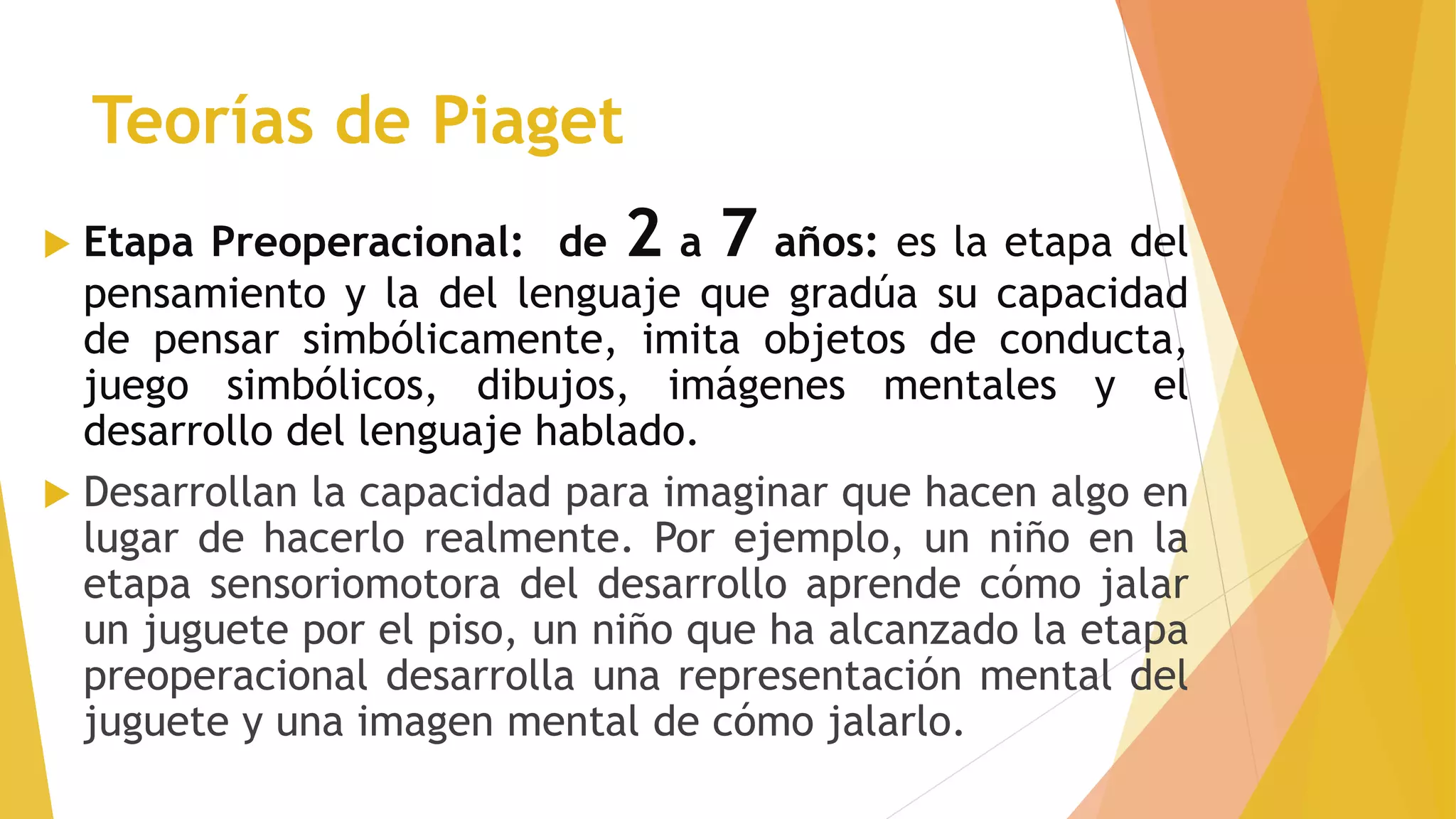 Teorías de Piaget
 Etapa Preoperacional: de 2 a 7 años: es la etapa del
pensamiento y la del lenguaje que gradúa su capacidad
de pensar simbólicamente, imita objetos de conducta,
juego simbólicos, dibujos, imágenes mentales y el
desarrollo del lenguaje hablado.
 Desarrollan la capacidad para imaginar que hacen algo en
lugar de hacerlo realmente. Por ejemplo, un niño en la
etapa sensoriomotora del desarrollo aprende cómo jalar
un juguete por el piso, un niño que ha alcanzado la etapa
preoperacional desarrolla una representación mental del
juguete y una imagen mental de cómo jalarlo.
 