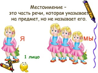 Местоимение –
это часть речи, которая указывает
на предмет, но не называет его.
Я МЫ
1 лицо
 