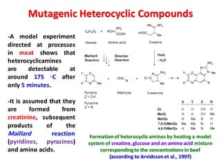 Mutagenic Heterocyclic Compounds
-A model experiment
directed at processes
in meat shows that
heterocyclicamines
are detectable at
around 175 ◦C after
only 5 minutes.
-It is assumed that they
are formed from
creatinine, subsequent
products of the
Maillard reaction
(pyridines, pyrazines)
and amino acids.
Formationof heterocyclic amines by heating a model
system of creatine, glucose and an amino acid mixture
correspondingto the concentrations in beef
(according to Arvidssonet al., 1997)
 