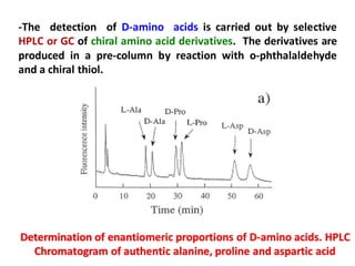 -The detection of D-amino acids is carried out by selective
HPLC or GC of chiral amino acid derivatives. The derivatives are
produced in a pre-column by reaction with o-phthalaldehyde
and a chiral thiol.
Determination of enantiomeric proportions of D-amino acids. HPLC
Chromatogram of authentic alanine, proline and aspartic acid
 