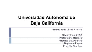 Universidad Autónoma de
Baja California
Unidad Valle de las Palmas
Odontología 212-2
Profa: María Romero
Angélica Díaz Arenas
Stephanie Payan
Priscilla Sánchez
 