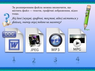 За розширенням файла можна визначити, що
містить файл — тексти, графічні зображення, відео
тощо.
Які дані (звукові, графічні, текстові, відео) містяться у
файлах, значки яких подано на малюнку?
 