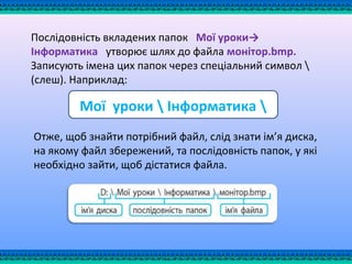 Послідовність вкладених папок Мої уроки→
Інформатика утворює шлях до файла монітор.bmр.
Записують імена цих папок через спеціальний символ 
(слеш). Наприклад:
Отже, щоб знайти потрібний файл, слід знати ім’я диска,
на якому файл збережений, та послідовність папок, у які
необхідно зайти, щоб дістатися файла.
Мої уроки  Інформатика 
 