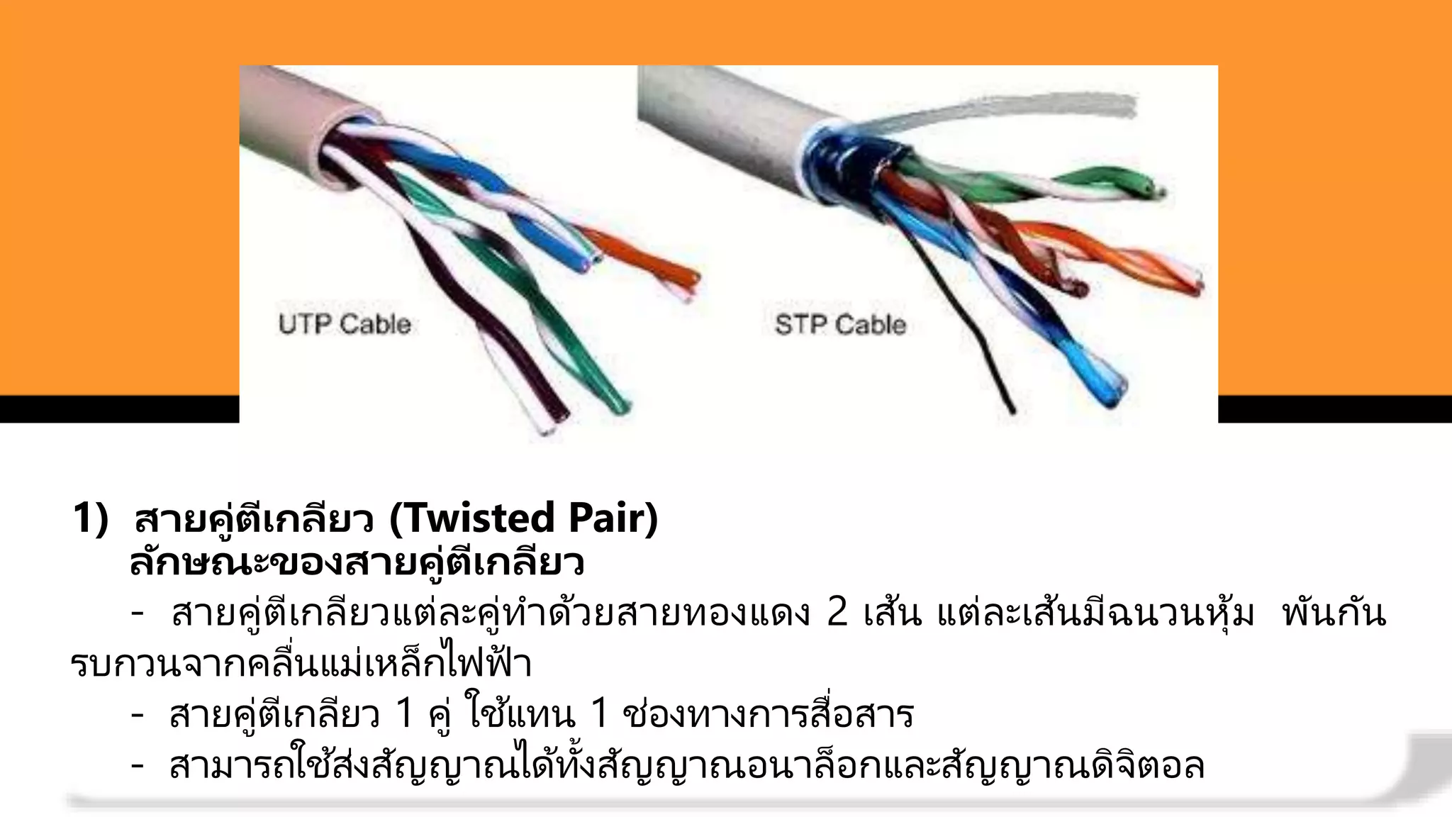 1) สายคู่ตีเกลียว (Twisted Pair)
ลักษณะของสายคู่ตีเกลียว
- สายคู่ตีเกลียวแต่ละคู่ทาด้วยสายทองแดง 2 เส้น แต่ละเส้นมีฉนวนหุ้ม พันกัน
รบกวนจากคลื่นแม่เหล็กไฟฟ้ า
- สายคู่ตีเกลียว 1 คู่ ใช้แทน 1 ช่องทางการสื่อสาร
- สามารถใช ้ส่งสัญญาณได้ทั้งสัญญาณอนาล็อกและสัญญาณดิจิตอล
 