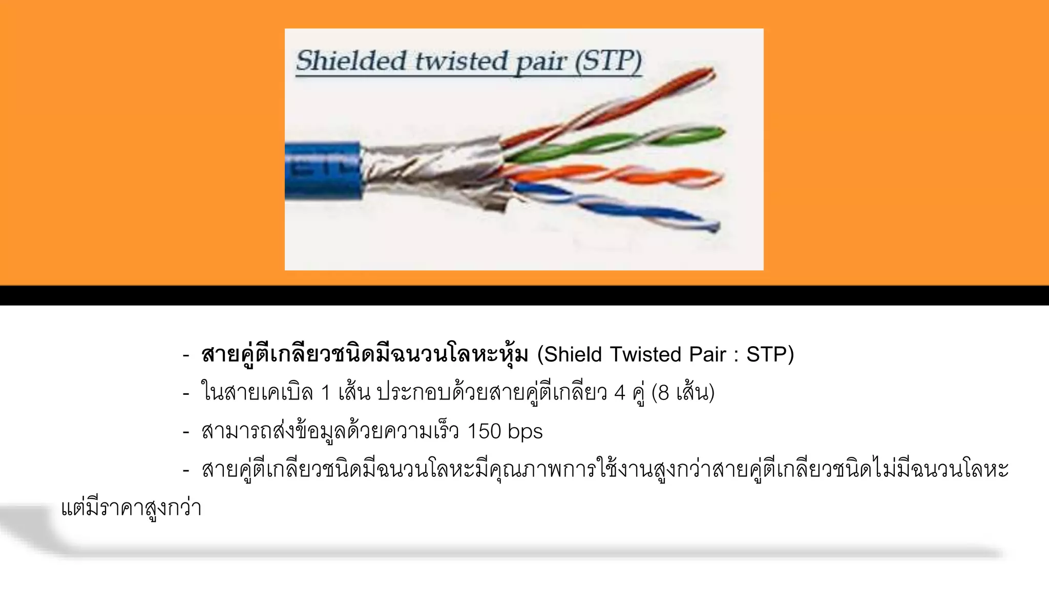 - สายคู่ตีเกลียวชนิดมีฉนวนโลหะหุ้ม (Shield Twisted Pair : STP)
- ในสายเคเบิล 1 เส้น ประกอบด้วยสายคู่ตีเกลียว 4 คู่ (8 เส้น)
- สามารถส่งข้อมูลด้วยความเร็ว 150 bps
- สายคู่ตีเกลียวชนิดมีฉนวนโลหะมีคุณภาพการใช้งานสูงกว่าสายคู่ตีเกลียวชนิดไม่มีฉนวนโลหะ
แต่มีราคาสูงกว่า
 