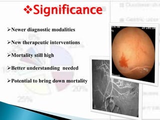 Significance
Newer diagnostic modalities
New therapeutic interventions
Mortality still high
Better understanding needed
Potential to bring down mortality
 