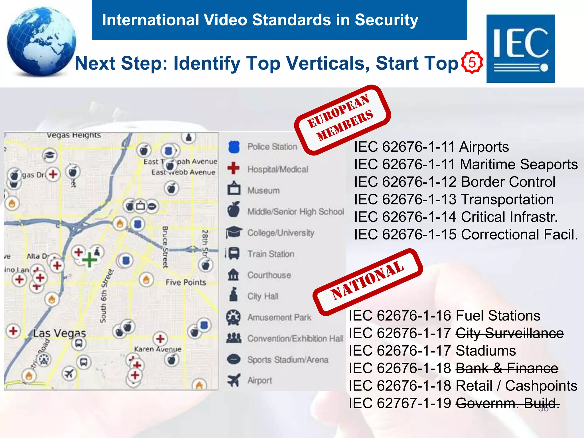 International Video Standards in Security
36
Next Step: Identify Top Verticals, Start Top
IEC 62676-1-16 Fuel Stations
IEC 62676-1-17 City Surveillance
IEC 62676-1-17 Stadiums
IEC 62676-1-18 Bank & Finance
IEC 62676-1-18 Retail / Cashpoints
IEC 62767-1-19 Governm. Build.
IEC 62676-1-11 Airports
IEC 62676-1-11 Maritime Seaports
IEC 62676-1-12 Border Control
IEC 62676-1-13 Transportation
IEC 62676-1-14 Critical Infrastr.
IEC 62676-1-15 Correctional Facil.
5
 