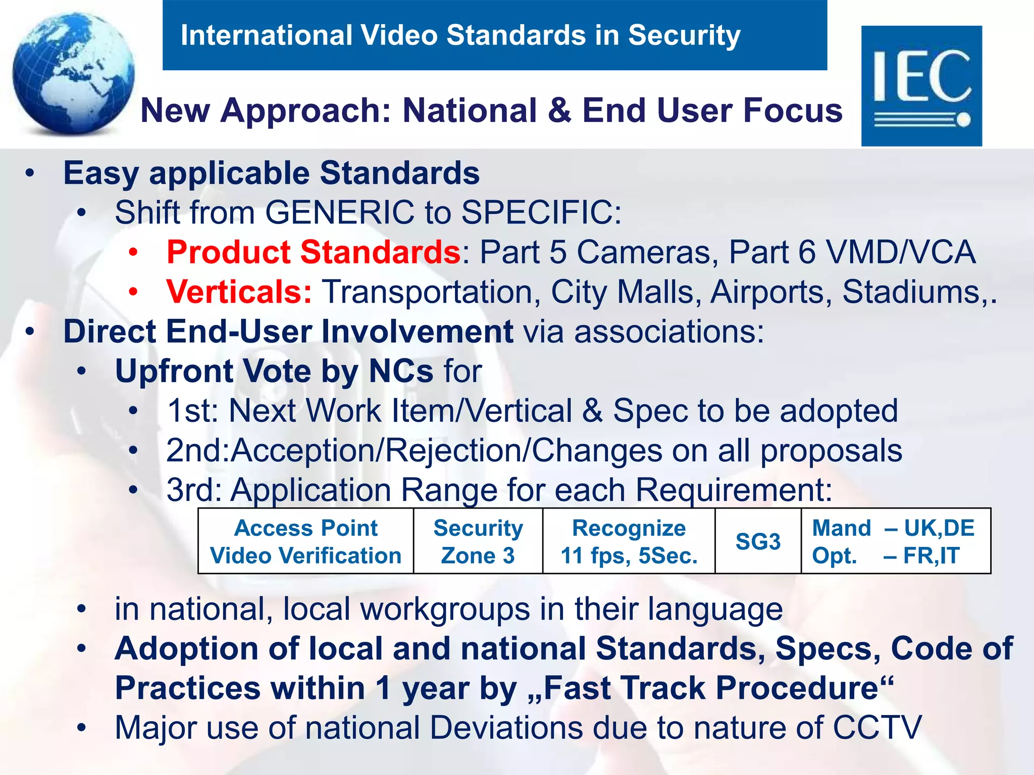 International Video Standards in Security
New Approach: National & End User Focus
• Easy applicable Standards
• Shift from GENERIC to SPECIFIC:
• Product Standards: Part 5 Cameras, Part 6 VMD/VCA
• Verticals: Transportation, City Malls, Airports, Stadiums,.
• Direct End-User Involvement via associations:
• Upfront Vote by NCs for
• 1st: Next Work Item/Vertical & Spec to be adopted
• 2nd:Acception/Rejection/Changes on all proposals
• 3rd: Application Range for each Requirement:
• in national, local workgroups in their language
• Adoption of local and national Standards, Specs, Code of
Practices within 1 year by „Fast Track Procedure“
• Major use of national Deviations due to nature of CCTV
Access Point
Video Verification
Security
Zone 3
Recognize
11 fps, 5Sec.
SG3
Mand – UK,DE
Opt. – FR,IT
 
