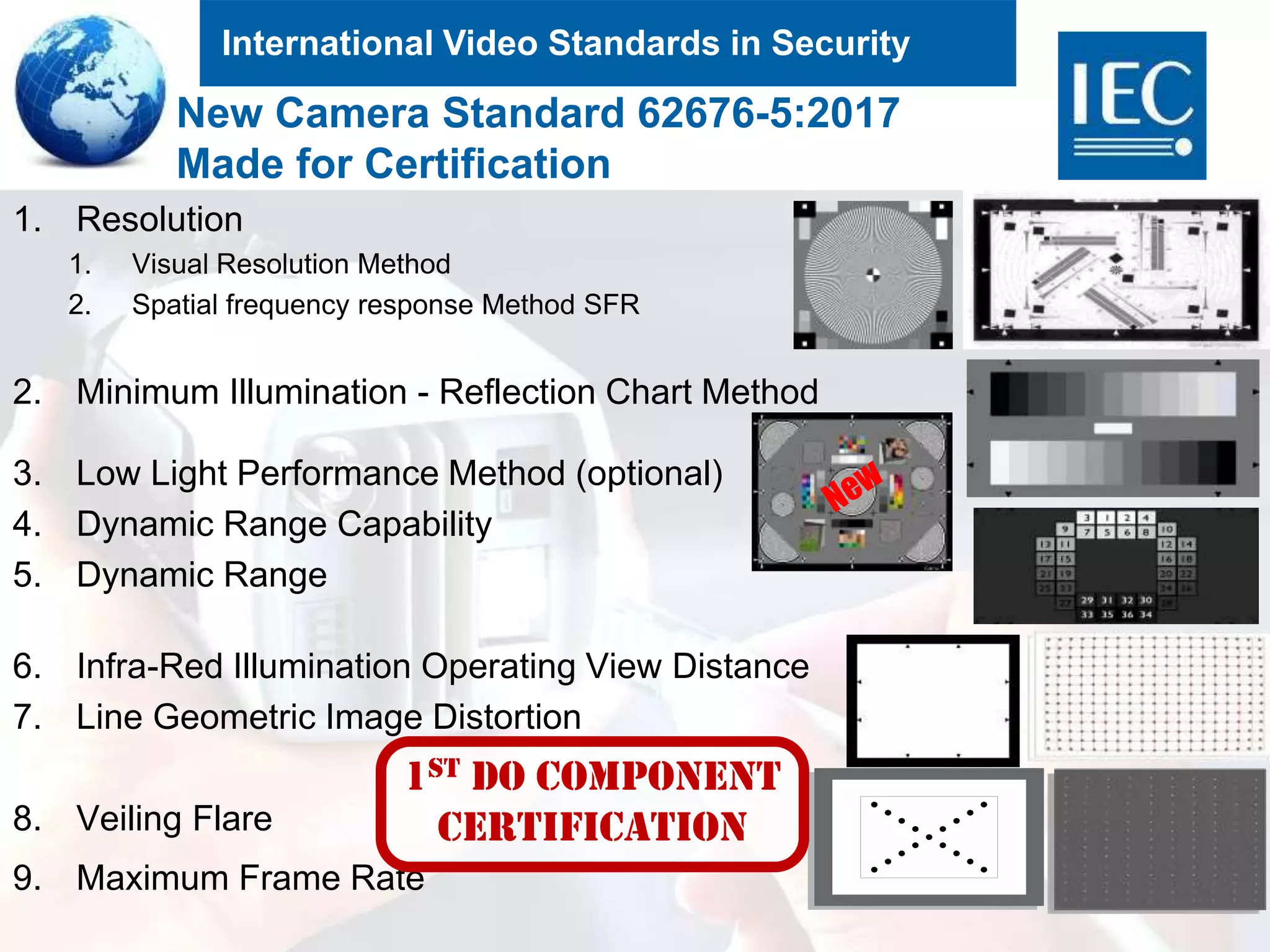 International Video Standards in Security
New Camera Standard 62676-5:2017
Made for Certification
1. Resolution
1. Visual Resolution Method
2. Spatial frequency response Method SFR
2. Minimum Illumination - Reflection Chart Method
3. Low Light Performance Method (optional)
4. Dynamic Range Capability
5. Dynamic Range
6. Infra-Red Illumination Operating View Distance
7. Line Geometric Image Distortion
8. Veiling Flare
9. Maximum Frame Rate 10
1st Do COMPONENT
CERTIFICATION
 