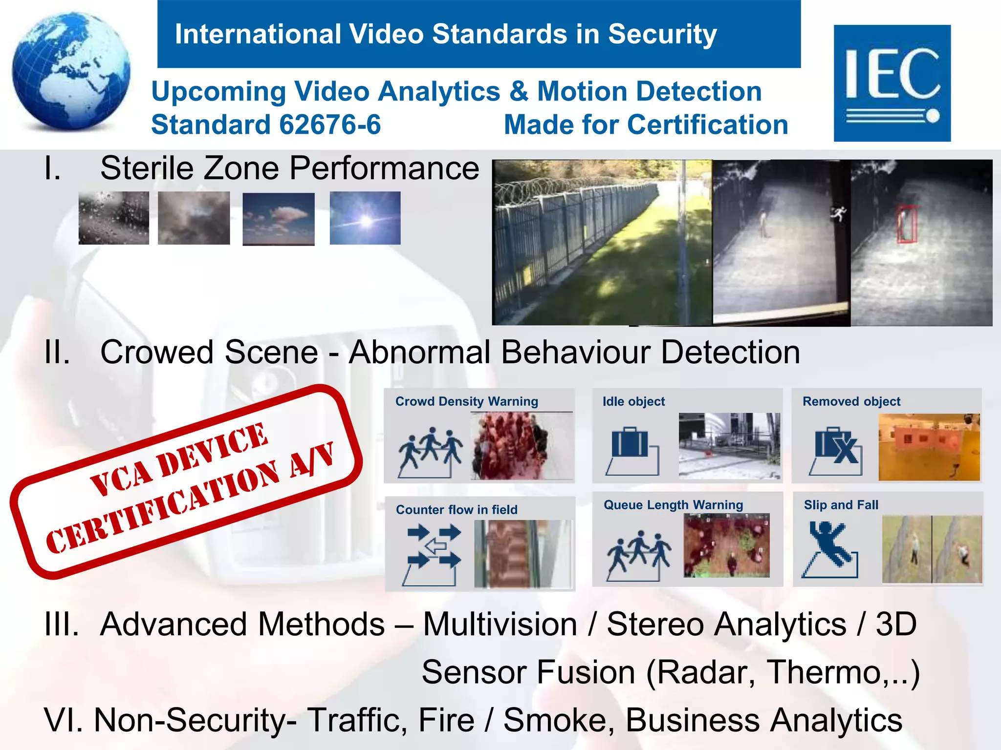 International Video Standards in Security
I. Sterile Zone Performance
II. Crowed Scene - Abnormal Behaviour Detection
III. Advanced Methods – Multivision / Stereo Analytics / 3D
Sensor Fusion (Radar, Thermo,..)
VI. Non-Security- Traffic, Fire / Smoke, Business Analytics
Idle object Removed objectCrowd Density Warning
Counter flow in field Queue Length Warning Slip and Fall
Upcoming Video Analytics & Motion Detection
Standard 62676-6 Made for Certification
 