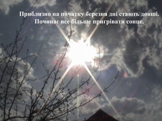 Приблизно на початку березня дні стають довші.
Починає все більше пригрівати сонце.
 
