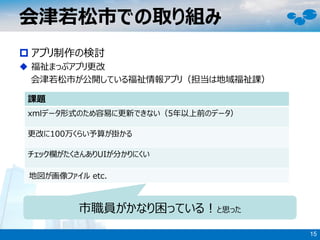 会津若松市での取り組み
15
 アプリ制作の検討
 福祉まっぷアプリ更改
会津若松市が公開している福祉情報アプリ（担当は地域福祉課）
課題
xmlデータ形式のため容易に更新できない（5年以上前のデータ）
更改に100万くらい予算が掛かる
チェック欄がたくさんありUIが分かりにくい
地図が画像ファイル etc.
市職員がかなり困っている！と思った
 