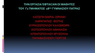 ΤΗΝ ΕΡΓΑΣΙΑ ΈΦΤΙΑΞΑΝ ΟΙ ΜΑΘΗΤΕΣ
ΤΟΥ Γ2ΤΜΗΜΑΤΟΣ 18ου ΓΥΜΝΑΣΙΟΥ ΠΑΤΡΑΣ
ΚΑΤΣΙΠΗ ΜΑΡΙΑ- ΕΙΡΗΝΗ
ΚΑΡΑΠΑΠΑΣ ΦΩΤΗΣ
ΚΥΡΙΑΖΟΠΟΥΛΟΥ ΚΑΛΟΜΟΙΡΑ
ΚΩΤΣΟΠΟΥΛΟΥΑΘΑΝΑΣΙΑ
ΝΤΕΝΤΟΠΟΥΛΟΥ ΧΡΥΣΟΥΛΑ
ΠΑΠΑΒΑΣΙΛΕΙΟΥ ΓΙΩΡΓΟΣ
 
