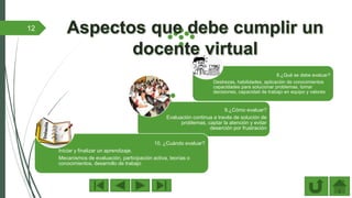 9.¿Cómo evaluar?
Evaluación continua a través de solución de
problemas, captar la atención y evitar
deserción por frustración
8.¿Qué se debe evaluar?
Destrezas, habilidades, aplicación de conocimientos
capacidades para solucionar problemas, tomar
decisiones, capacidad de trabajo en equipo y valores
12
10. ¿Cuándo evaluar?
Iniciar y finalizar un aprendizaje.
Mecanismos de evaluación, participación activa, teorías o
conocimientos, desarrollo de trabajo
 