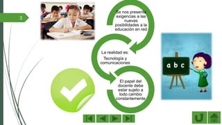 3
Se nos presenta
exigencias a las
nuevas
posibilidades a la
educación en red
La realidad es:
Tecnología y
comunicaciones
El papel del
docente debe
estar sujeto a
todo cambio
constantemente
 